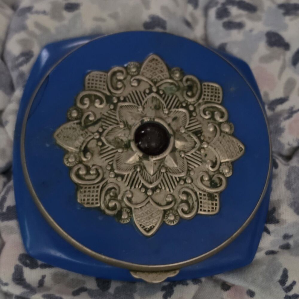 Vintage USSR Soviet Powder Compact Blue Filigree Mirror Tsar Alexander III